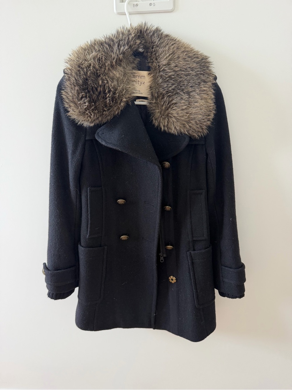 Aritzia Black Wool Peacoat with Faux Fur Collar